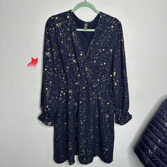 SHEIN Curve Navy Blue Gold Star Print Dress Plus Size 2XL - Picture 4 of 11